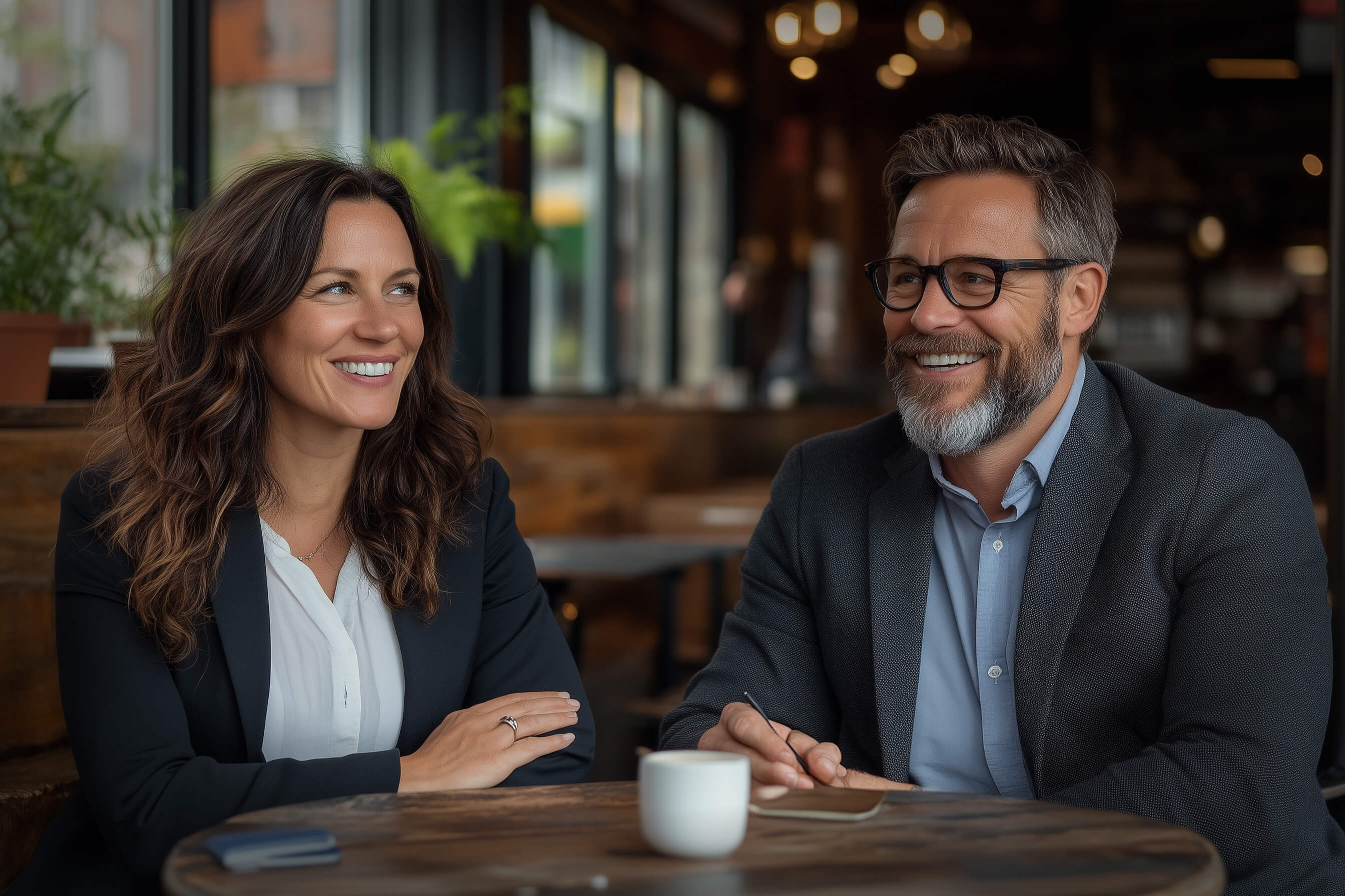 Two people sitting and discusing